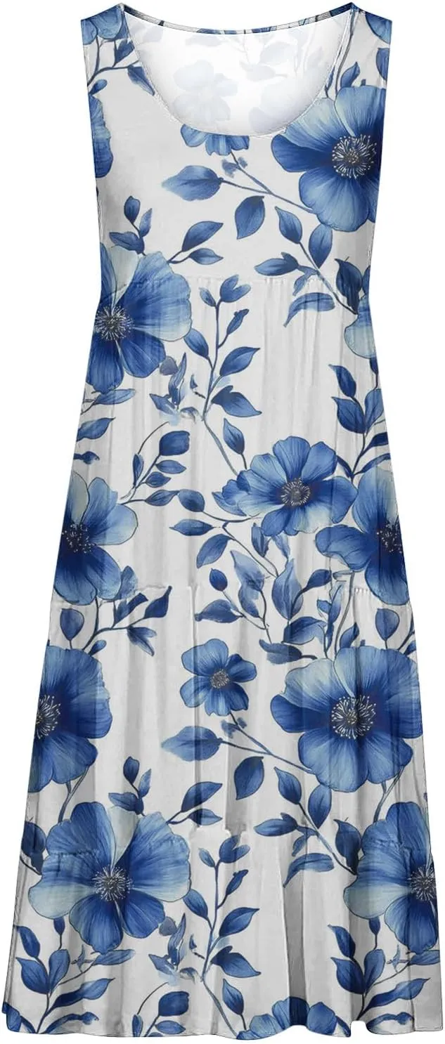 Summer Tank Dresses for Women Ruffle Tiered Loose Casual A Line Beach Dress Sleeveless Floral Print Boho Sundress