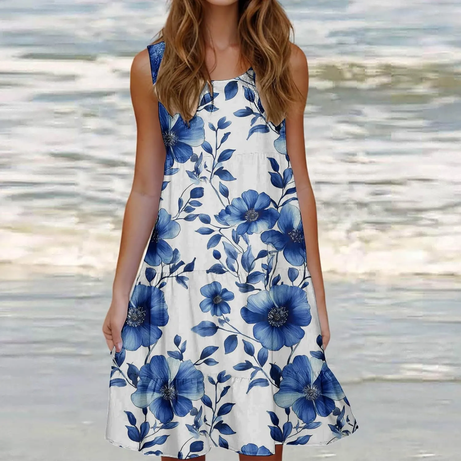 Summer Tank Dresses for Women Ruffle Tiered Loose Casual A Line Beach Dress Sleeveless Floral Print Boho Sundress