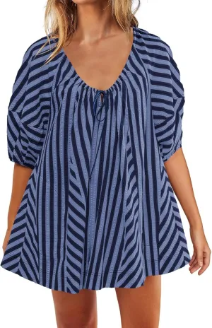 Sun Dresses for Women 2024 Casual Stripes Print Oversized Babydoll Mini Dress Short Sleeve V-Neck Lace Up Sundresses