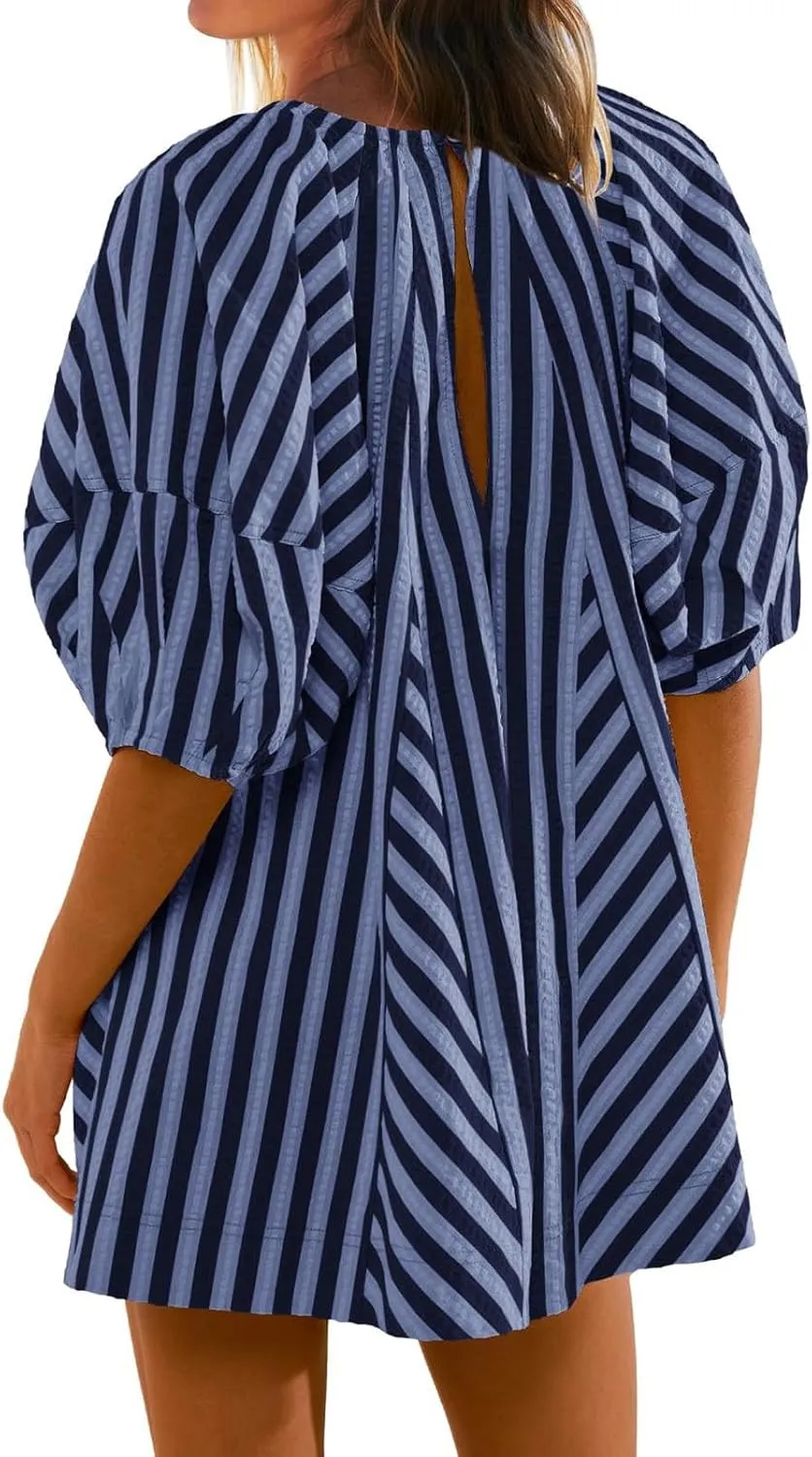 Sun Dresses for Women 2024 Casual Stripes Print Oversized Babydoll Mini Dress Short Sleeve V-Neck Lace Up Sundresses