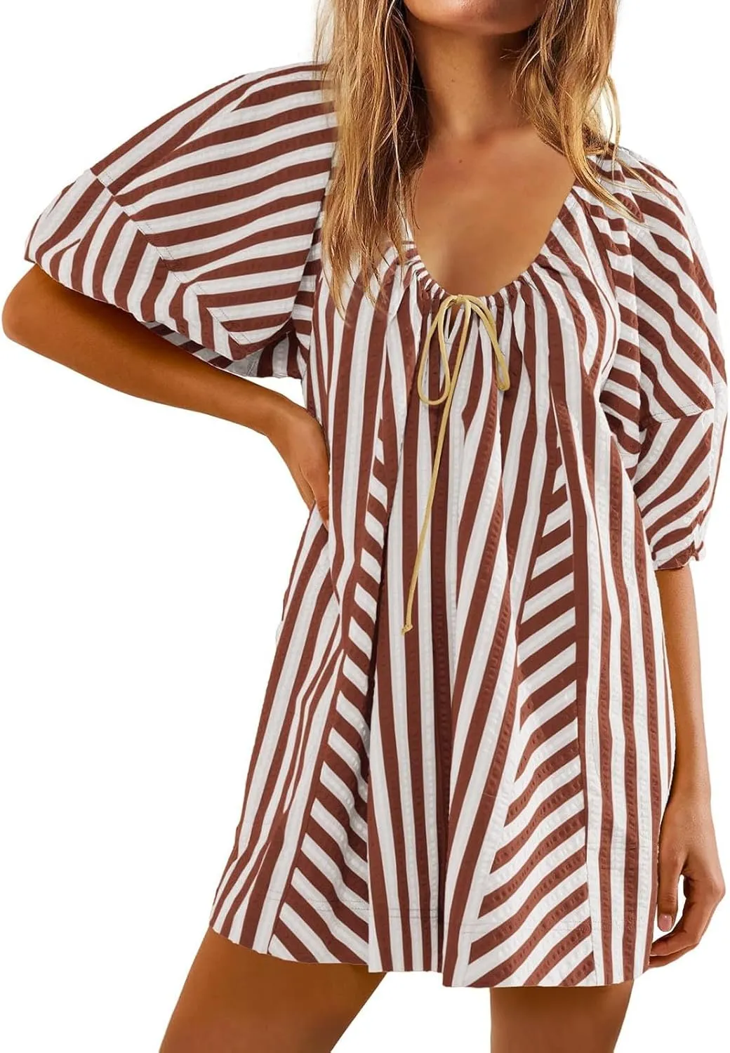 Sun Dresses for Women 2024 Casual Stripes Print Oversized Babydoll Mini Dress Short Sleeve V-Neck Lace Up Sundresses