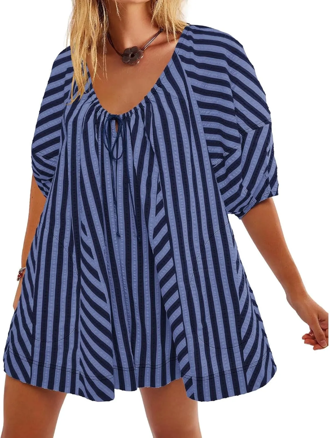 Sun Dresses for Women 2024 Casual Stripes Print Oversized Babydoll Mini Dress Short Sleeve V-Neck Lace Up Sundresses