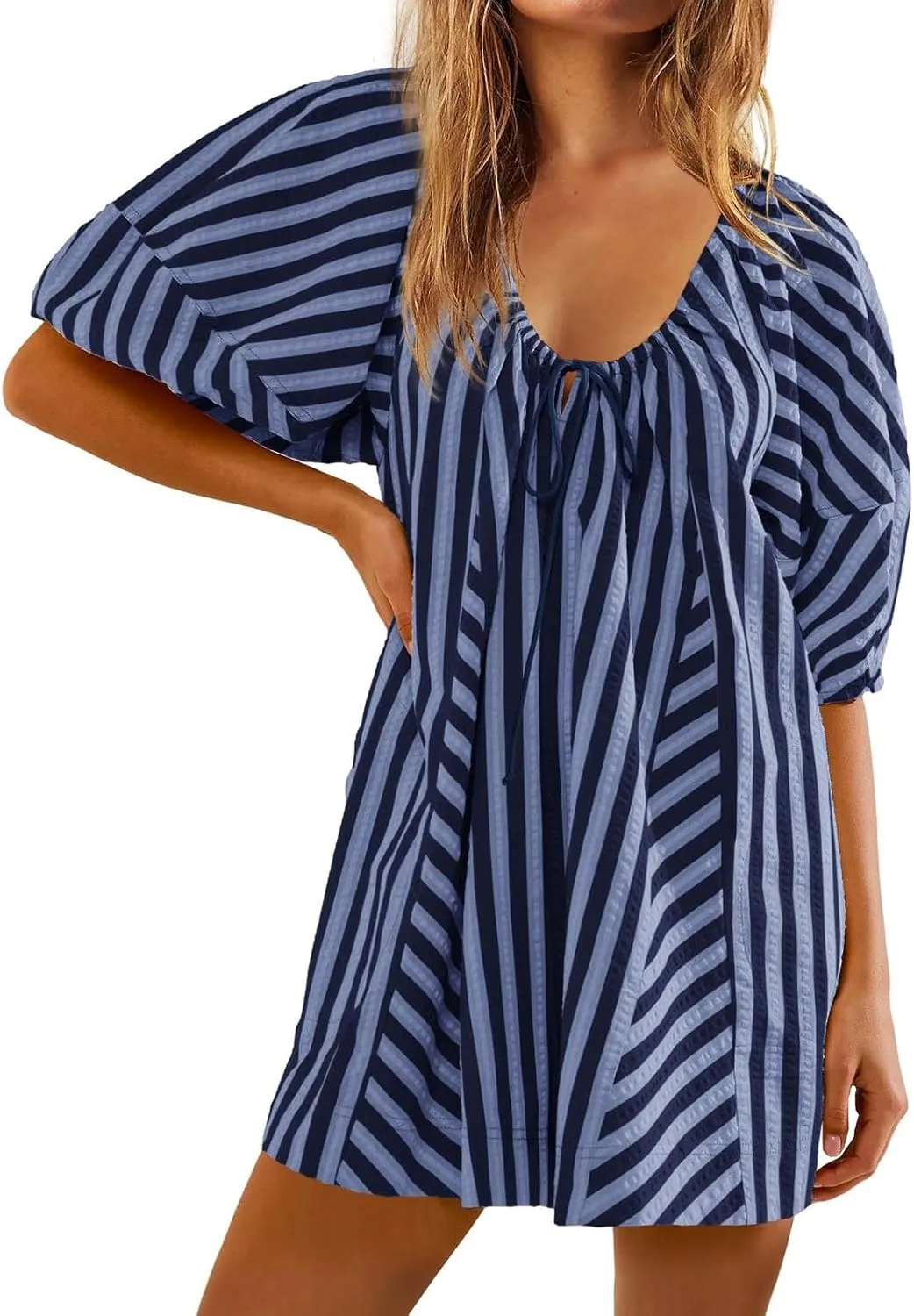 Sun Dresses for Women 2024 Casual Stripes Print Oversized Babydoll Mini Dress Short Sleeve V-Neck Lace Up Sundresses