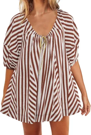 Sun Dresses for Women 2024 Casual Stripes Print Oversized Babydoll Mini Dress Short Sleeve V-Neck Lace Up Sundresses