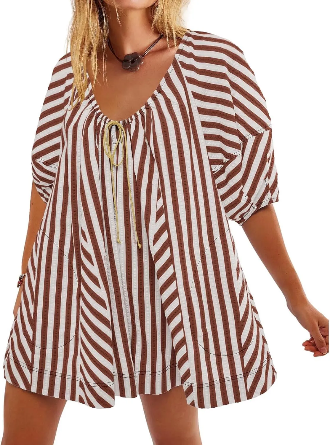 Sun Dresses for Women 2024 Casual Stripes Print Oversized Babydoll Mini Dress Short Sleeve V-Neck Lace Up Sundresses