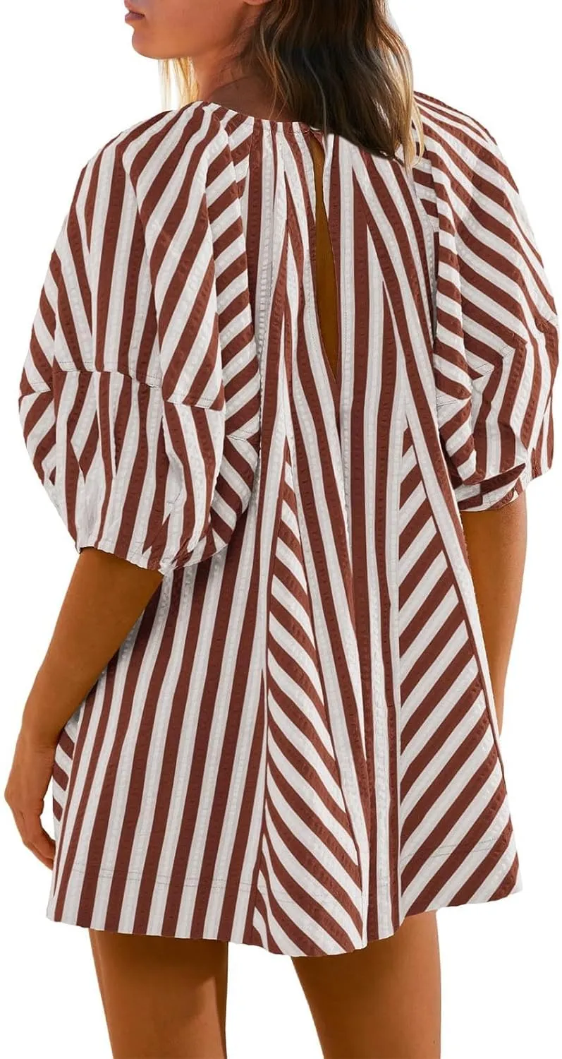 Sun Dresses for Women 2024 Casual Stripes Print Oversized Babydoll Mini Dress Short Sleeve V-Neck Lace Up Sundresses