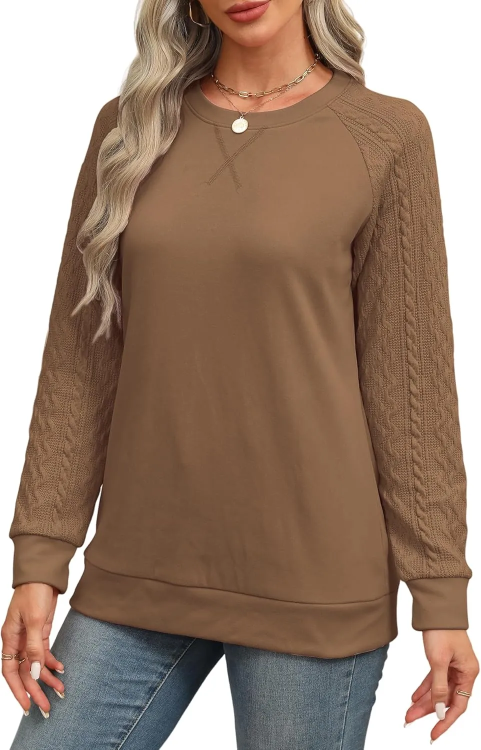 Sweatshirt for Women Crewneck 2025 Fashion Cable Knit Long Sleeve Loose Lightweight Sweater Fall Pullover Blouses Top