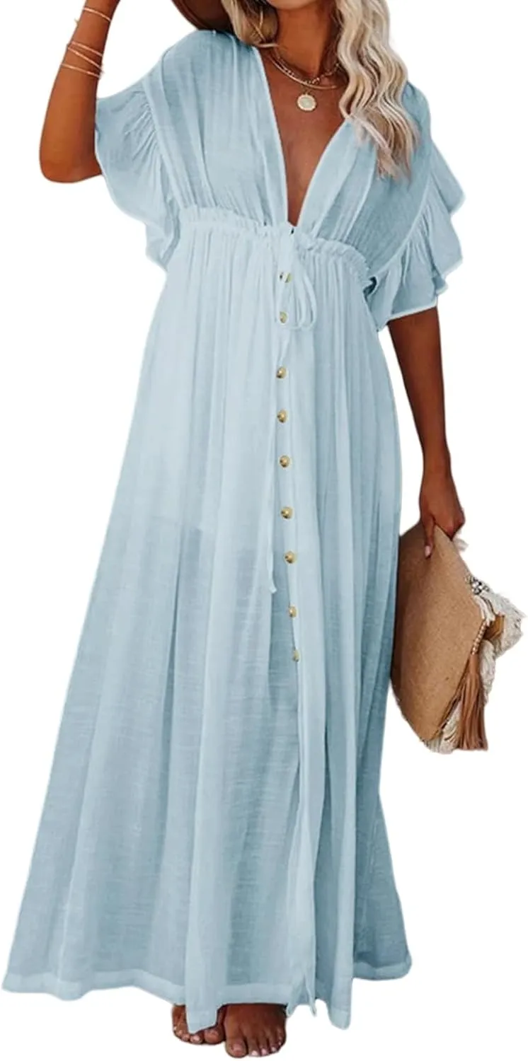 Swimsuit Coverup for Women 2024 Casual Summer Dress Short Sleeve Button Down Maxi Sundress Long Beach Cover Up Dress