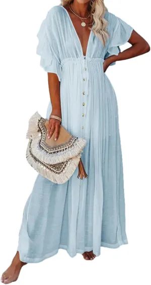 Swimsuit Coverup for Women 2024 Casual Summer Dress Short Sleeve Button Down Maxi Sundress Long Beach Cover Up Dress