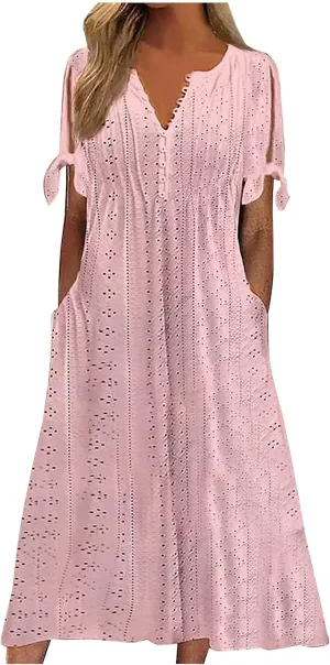 TANGNADE Summer Maxi Dresses for Women 2025 Plus Size Short Sleeve Eyelet Tshirts Dress Long Beach Sundress Wedding Guest