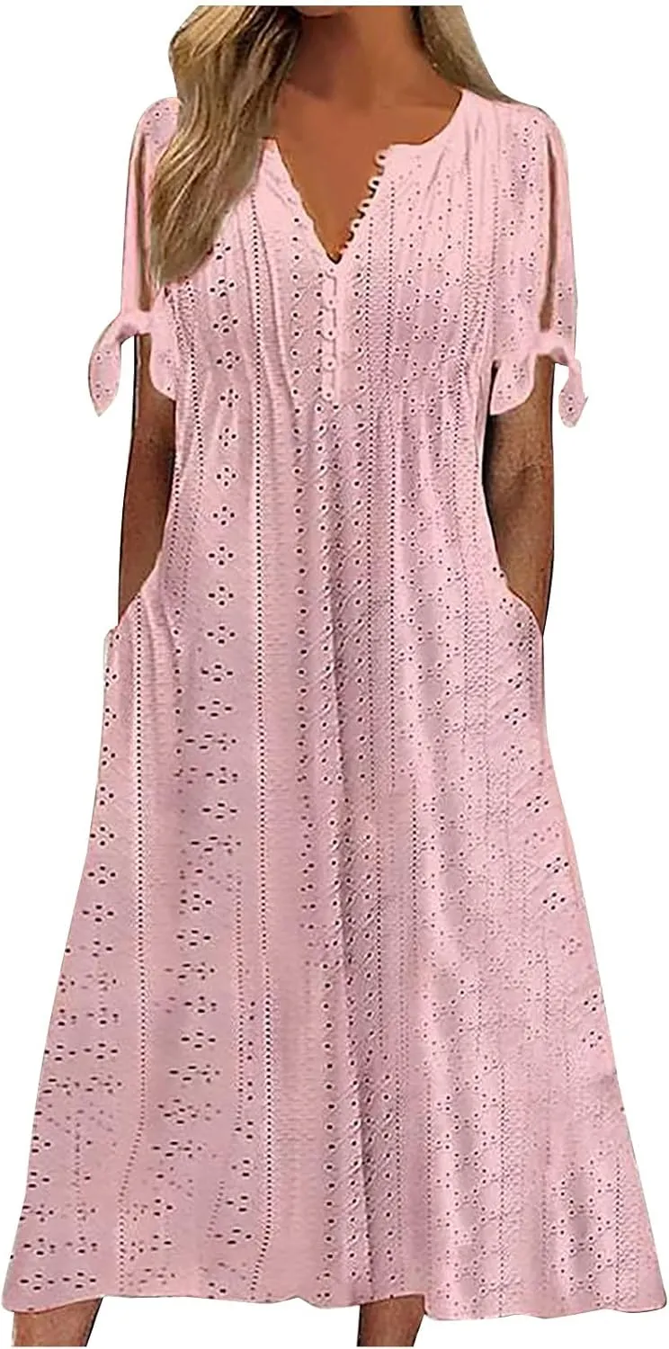 TANGNADE Summer Maxi Dresses for Women 2025 Plus Size Short Sleeve Eyelet Tshirts Dress Long Beach Sundress Wedding Guest