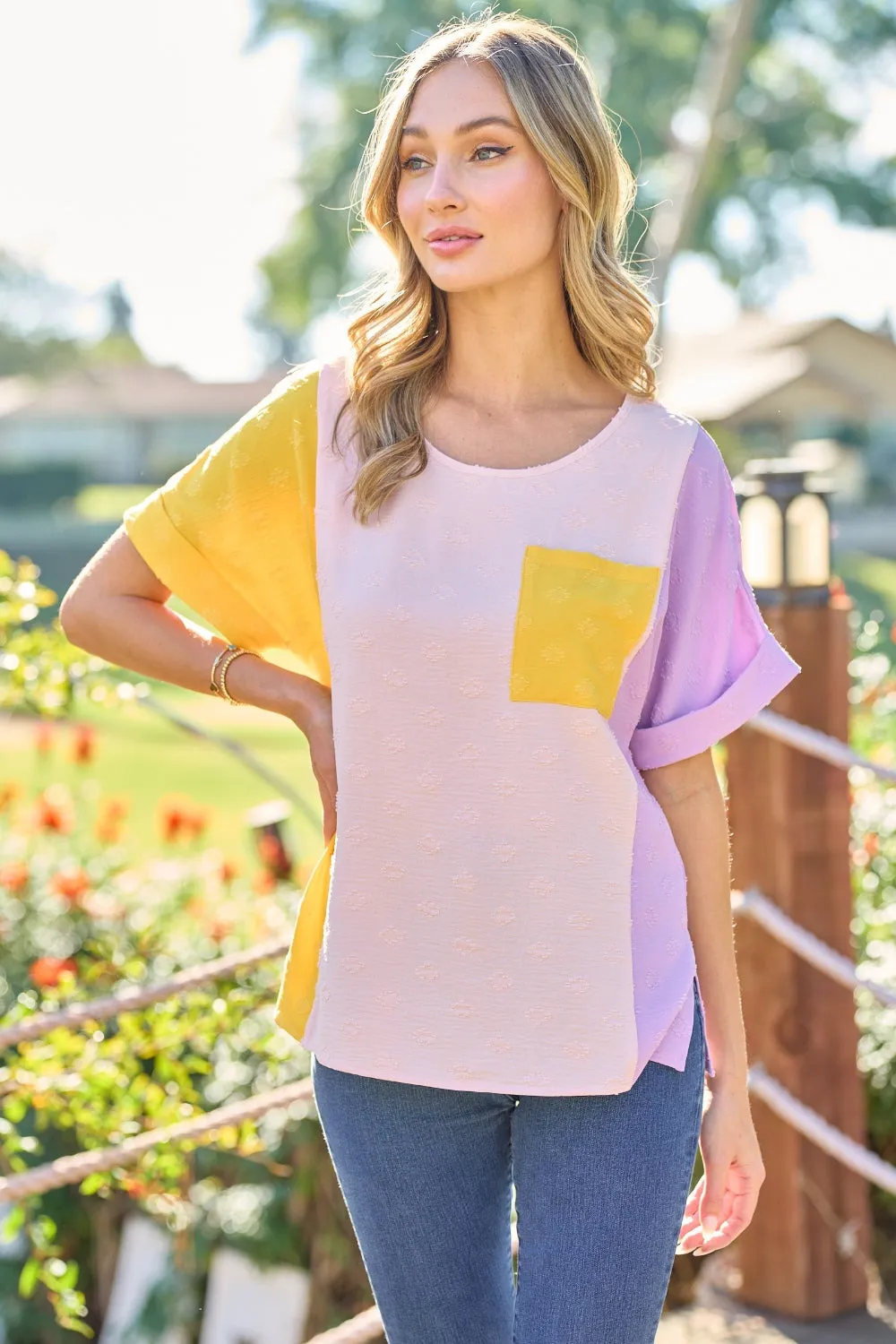 TEEK - Yellow Mix Color Block Short Sleeve Top