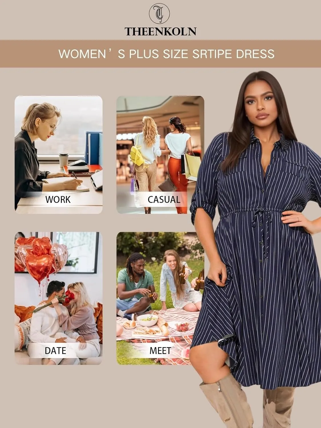 Theenkoln Womens Plus Size Button Dress Collared V Neck 3/4 Sleeve Striped Casual Drawstring Midi Fall Dresses with Pocket