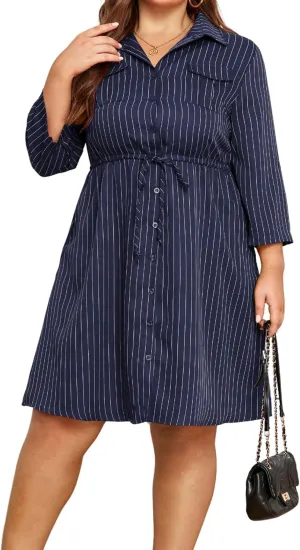Theenkoln Womens Plus Size Button Dress Collared V Neck 3/4 Sleeve Striped Casual Drawstring Midi Fall Dresses with Pocket