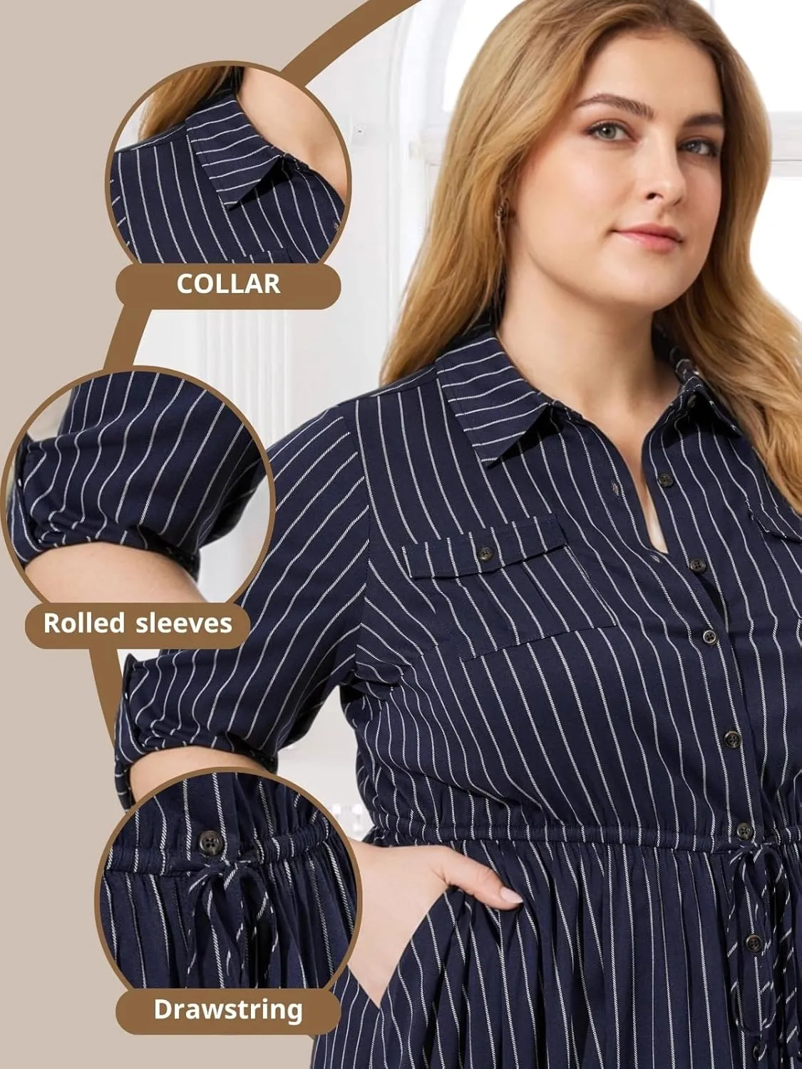 Theenkoln Womens Plus Size Button Dress Collared V Neck 3/4 Sleeve Striped Casual Drawstring Midi Fall Dresses with Pocket