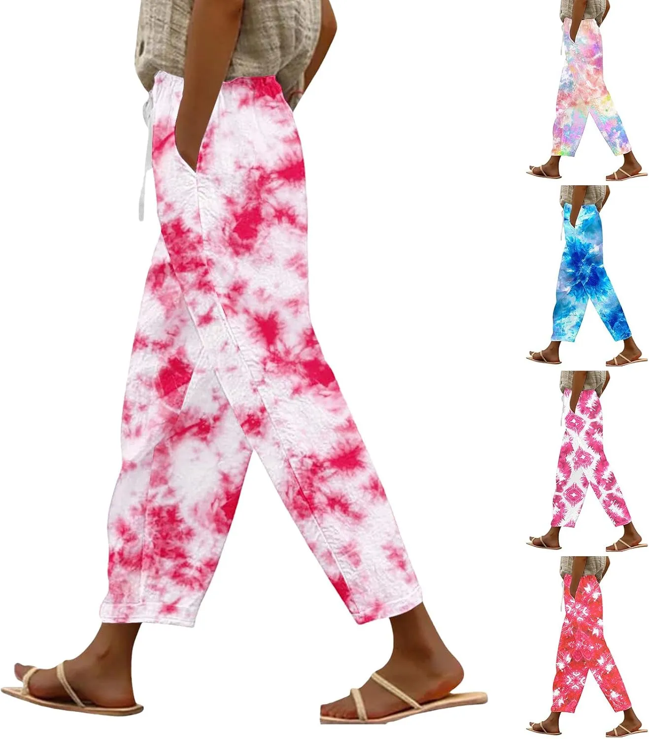 Tie Dye Linen Pants for Women Drawstring Waisted Wide Leg 3D Printed Trousers Summer Beach Lounge Pants with Pockets