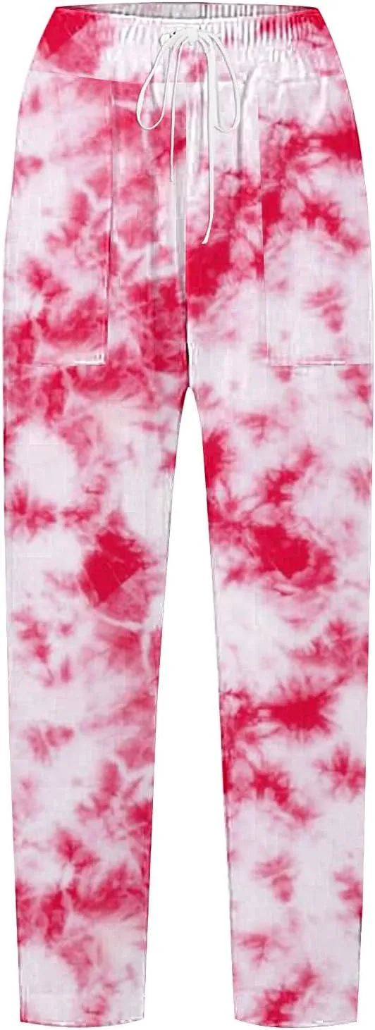 Tie Dye Linen Pants for Women Drawstring Waisted Wide Leg 3D Printed Trousers Summer Beach Lounge Pants with Pockets