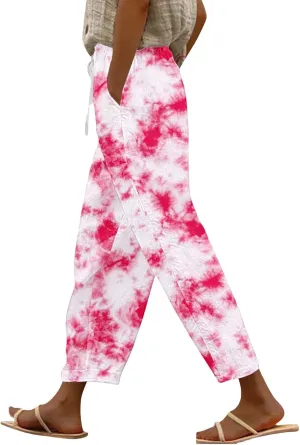 Tie Dye Linen Pants for Women Drawstring Waisted Wide Leg 3D Printed Trousers Summer Beach Lounge Pants with Pockets