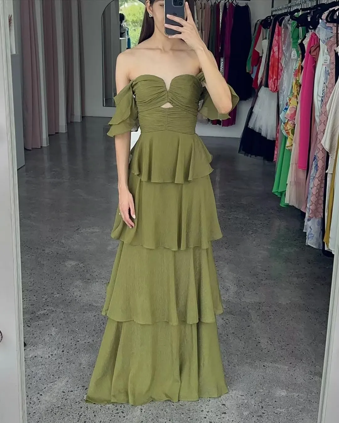 Tiered Ruffle Bridesmaid Dresses Long Off The Shoulder Chiffon Prom Evening Dresses for Women
