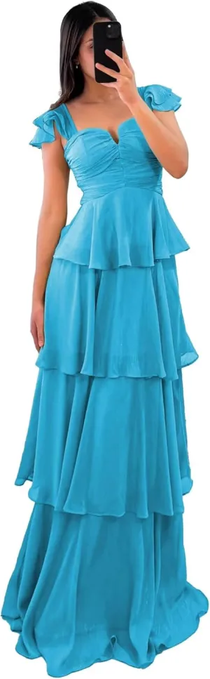 Tiered Ruffle Bridesmaid Dresses Long Off The Shoulder Chiffon Prom Evening Dresses for Women
