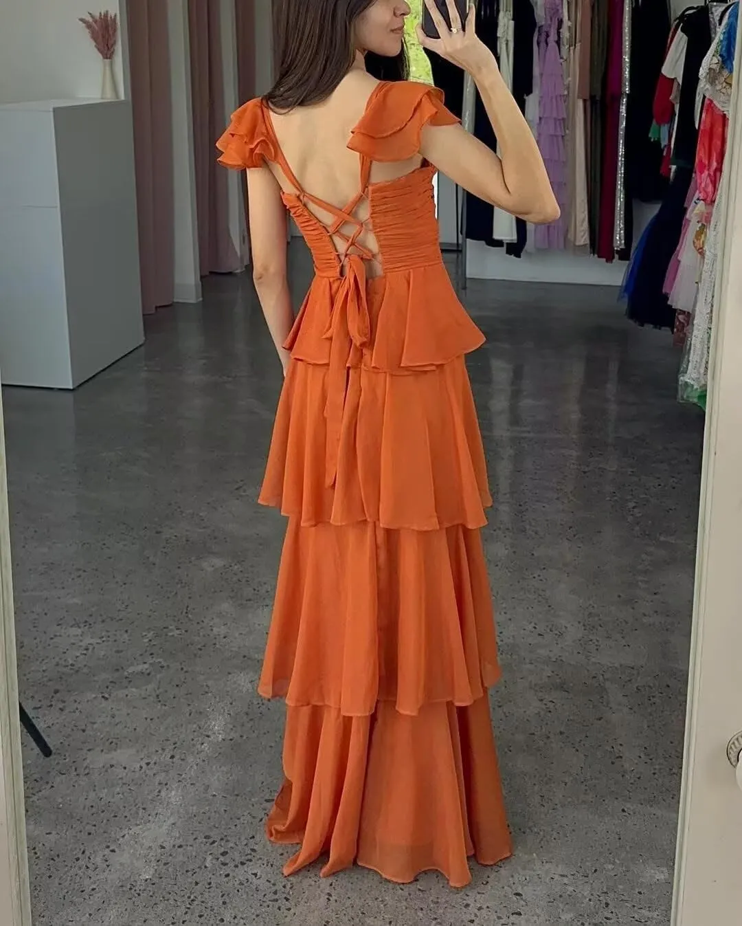 Tiered Ruffle Bridesmaid Dresses Long Off The Shoulder Chiffon Prom Evening Dresses for Women