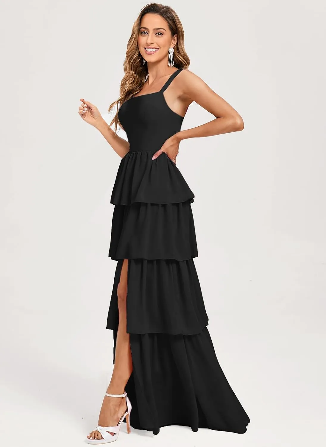 Tiered Ruffles Bridesmaid Dresses for Women with Slit 2025 Chiffon Long Formal Evening Dresses MA21