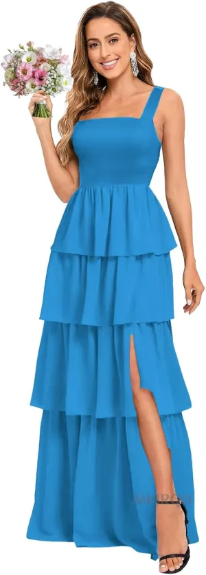 Tiered Ruffles Bridesmaid Dresses for Women with Slit 2025 Chiffon Long Formal Evening Dresses MA21