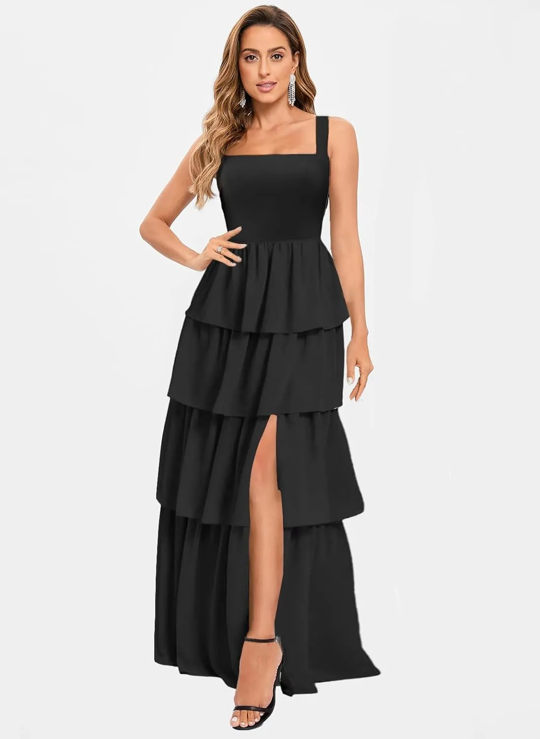 Tiered Ruffles Bridesmaid Dresses for Women with Slit 2025 Chiffon Long Formal Evening Dresses MA21