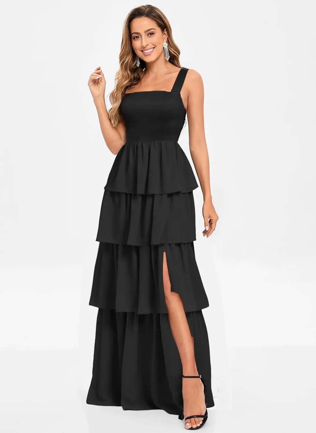 Tiered Ruffles Bridesmaid Dresses for Women with Slit 2025 Chiffon Long Formal Evening Dresses MA21