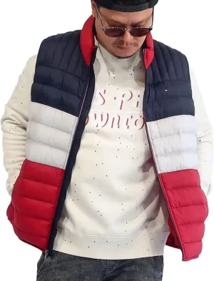 Tommy Hilfiger Men's Lightweight Down Quilted Puffer Vest, Midnight/Ice/Red, X-Large