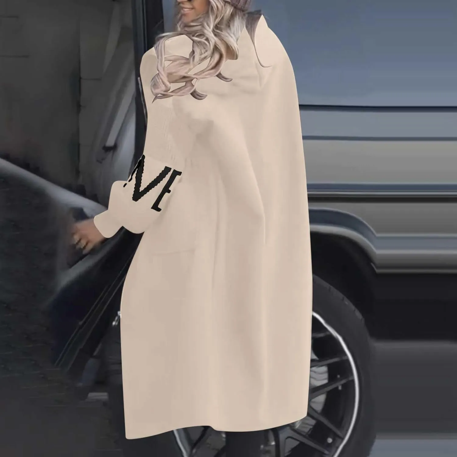 Trench Coats for Women Fashion Letter Knitted Patchwork Hooded Jackets Pocket Casual Zipper Drawstring Long Overcoat