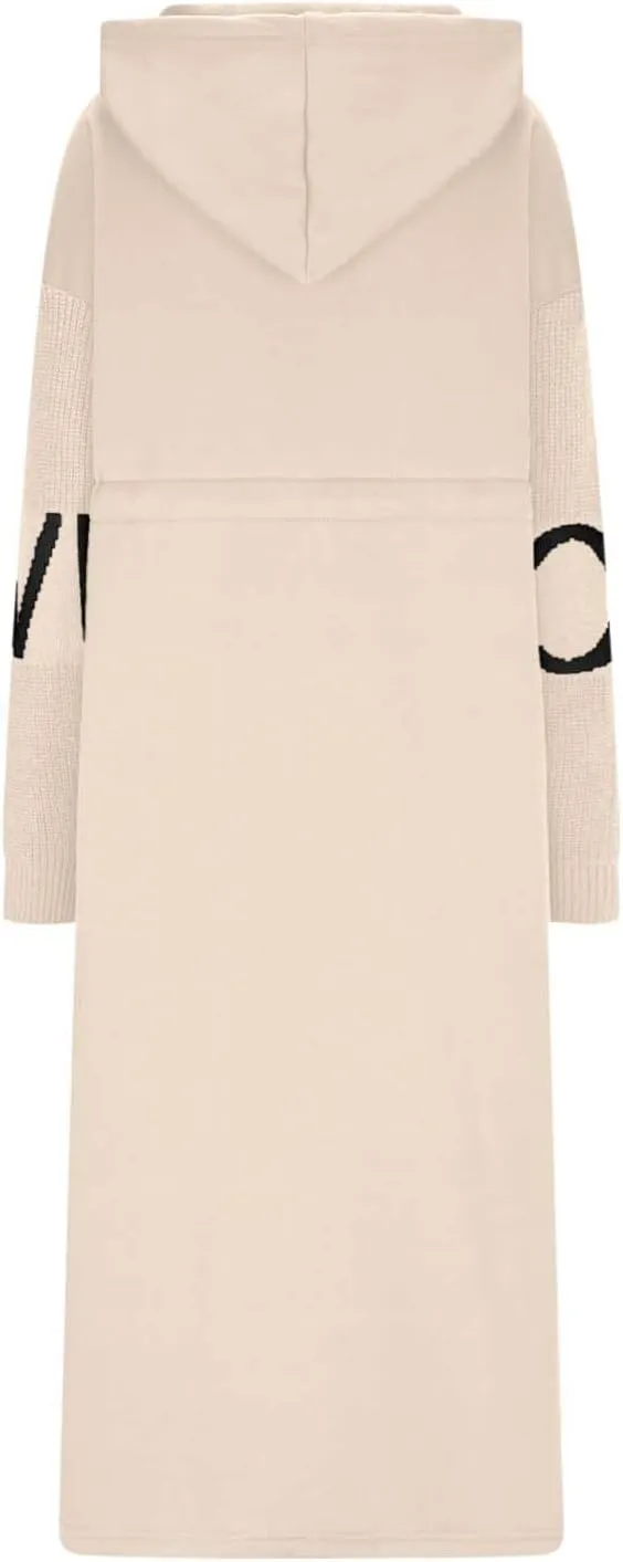 Trench Coats for Women Fashion Letter Knitted Patchwork Hooded Jackets Pocket Casual Zipper Drawstring Long Overcoat