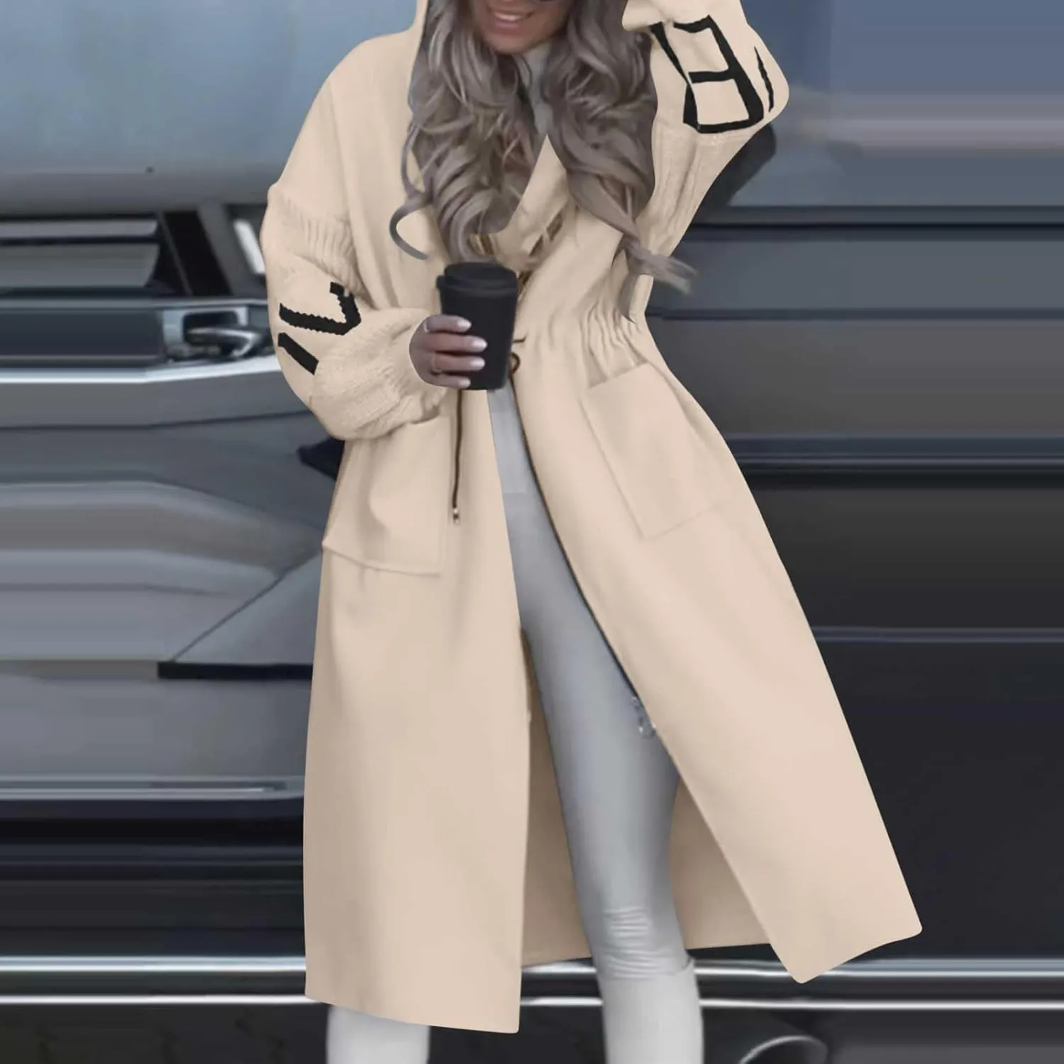 Trench Coats for Women Fashion Letter Knitted Patchwork Hooded Jackets Pocket Casual Zipper Drawstring Long Overcoat
