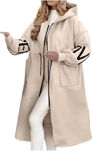 Trench Coats for Women Fashion Letter Knitted Patchwork Hooded Jackets Pocket Casual Zipper Drawstring Long Overcoat