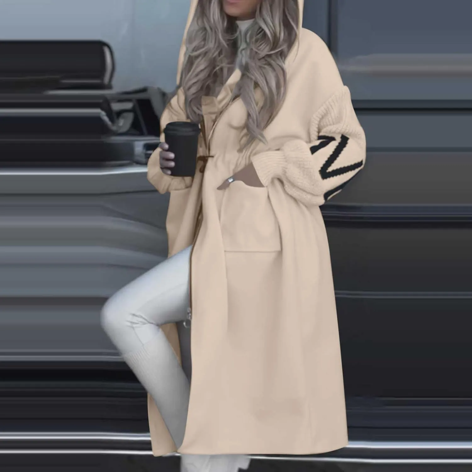 Trench Coats for Women Fashion Letter Knitted Patchwork Hooded Jackets Pocket Casual Zipper Drawstring Long Overcoat