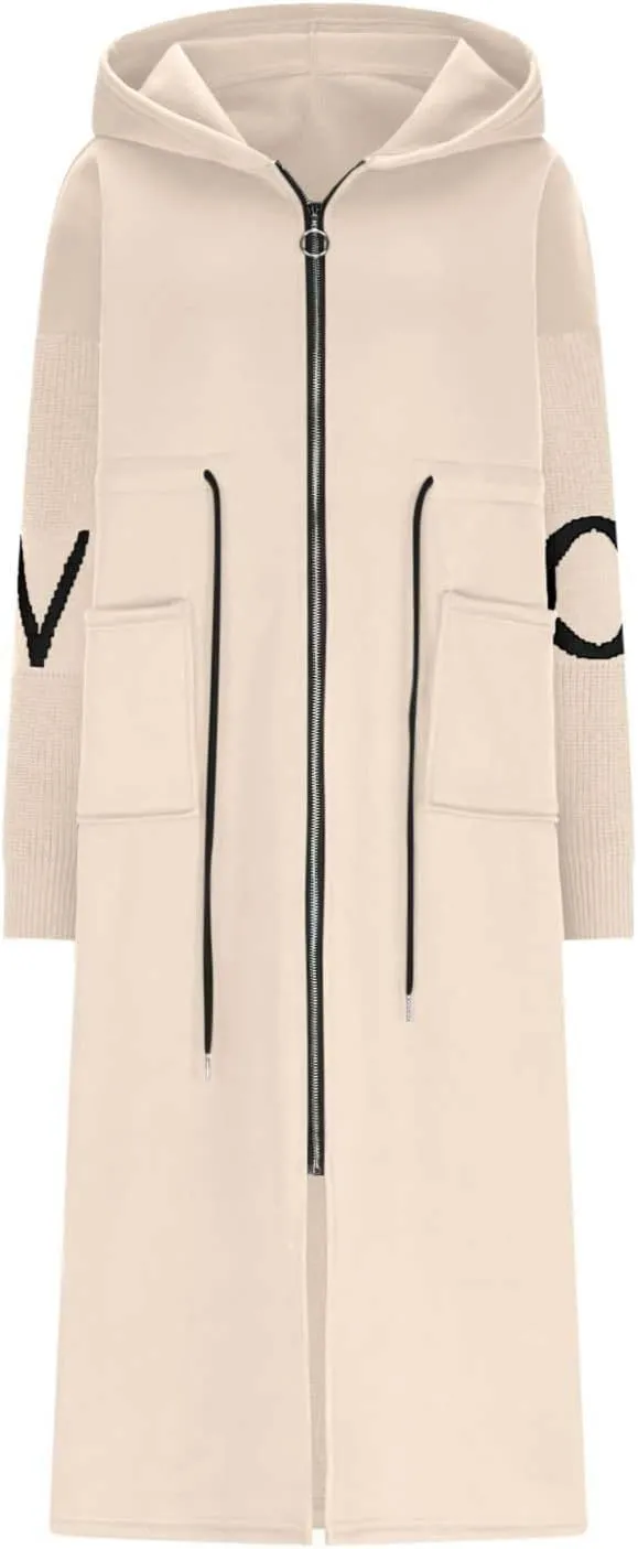 Trench Coats for Women Fashion Letter Knitted Patchwork Hooded Jackets Pocket Casual Zipper Drawstring Long Overcoat