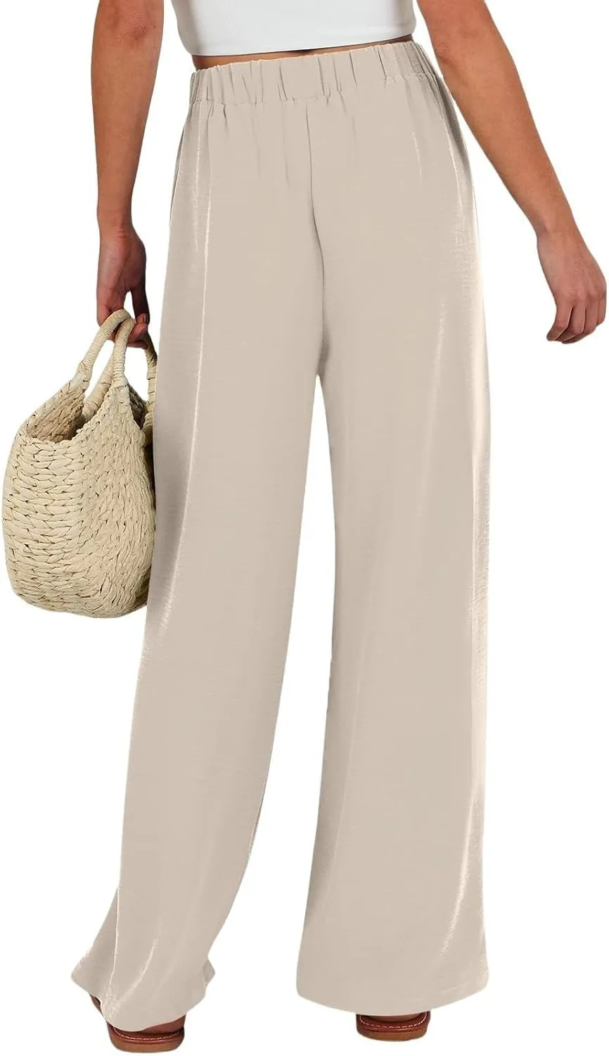 Trendy Wide Leg Palazzo Pants for Women Summer High Waist Flowy Casual Trousers Lounge Beach Travel Vacation Outfits