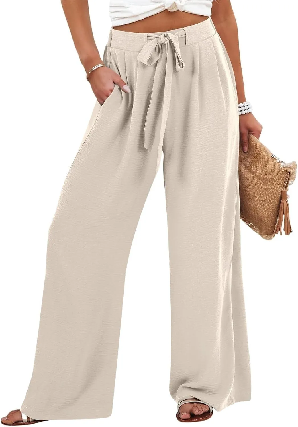 Trendy Wide Leg Palazzo Pants for Women Summer High Waist Flowy Casual Trousers Lounge Beach Travel Vacation Outfits