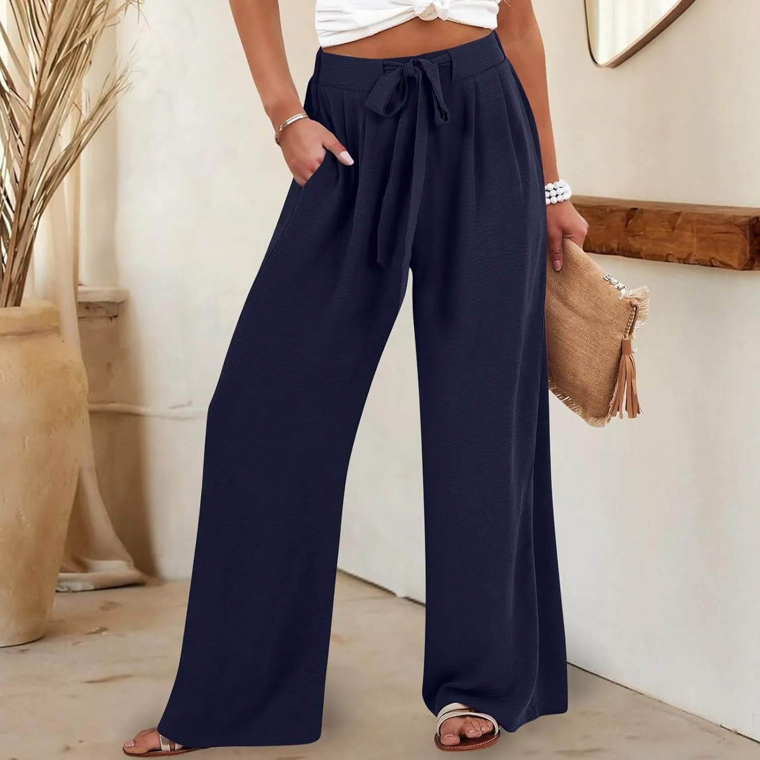 Trendy Wide Leg Palazzo Pants for Women Summer High Waist Flowy Casual Trousers Lounge Beach Travel Vacation Outfits