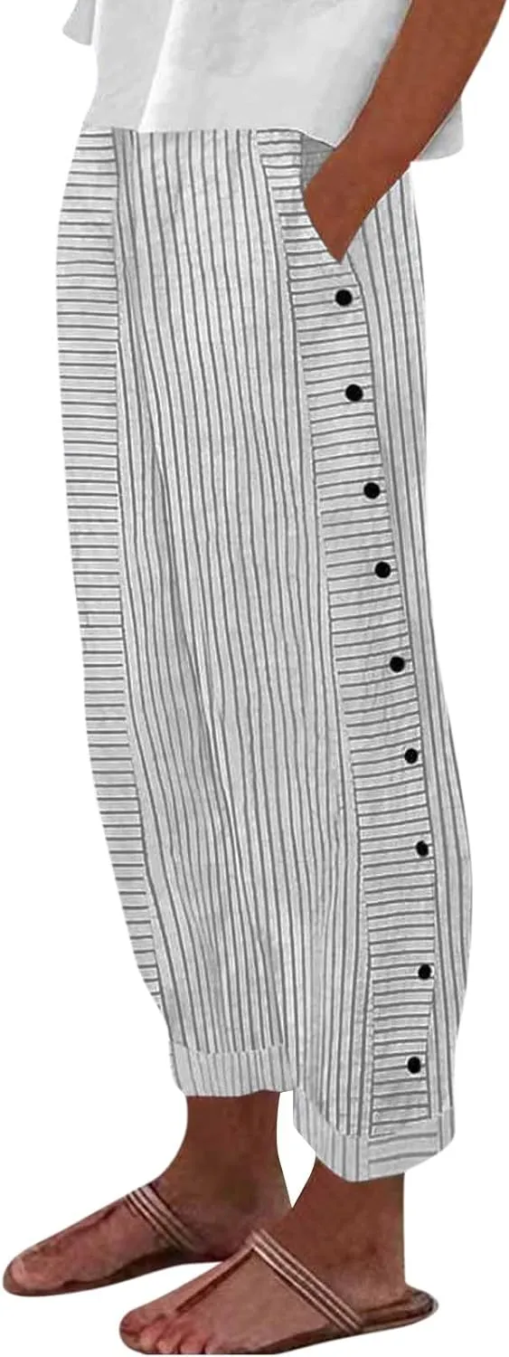 TWGONE Women's Casual Pants Striped Side Button Elastic Waist Trendy Linen Pants Comfy Baggy Trousers with Pockets