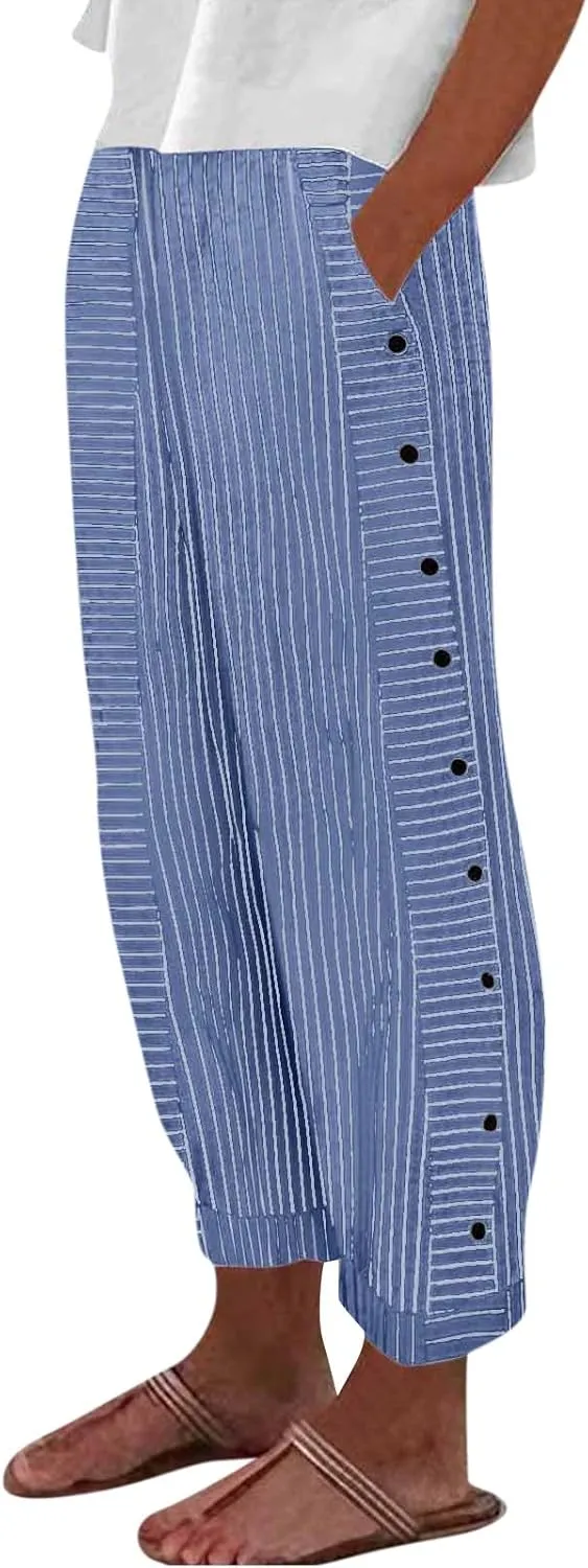TWGONE Women's Casual Pants Striped Side Button Elastic Waist Trendy Linen Pants Comfy Baggy Trousers with Pockets