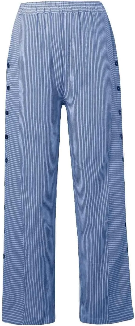 TWGONE Women's Casual Pants Striped Side Button Elastic Waist Trendy Linen Pants Comfy Baggy Trousers with Pockets