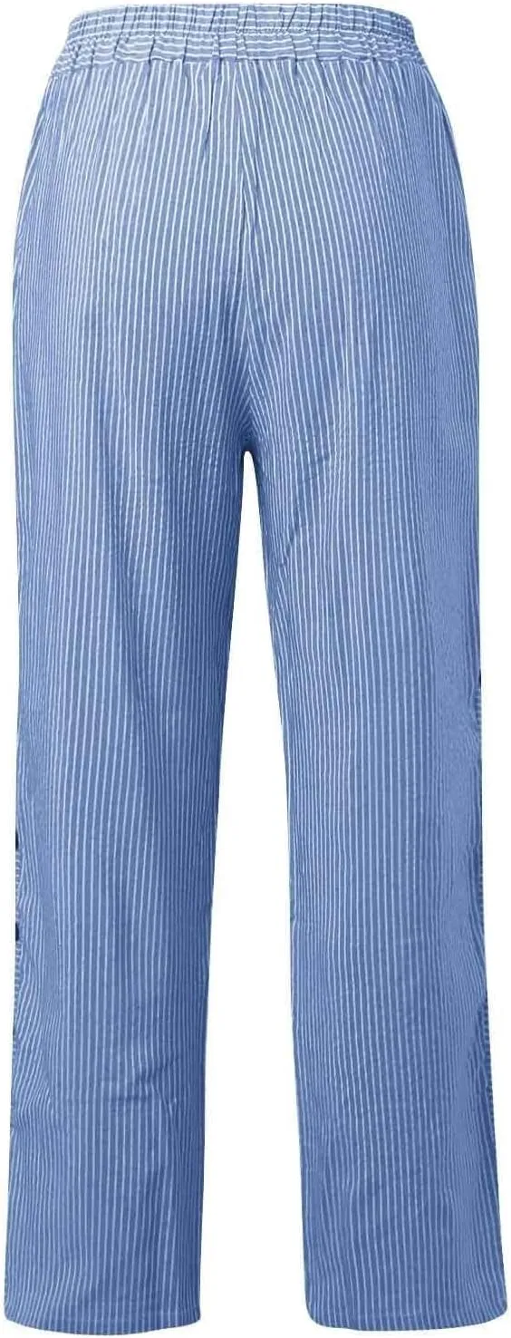 TWGONE Women's Casual Pants Striped Side Button Elastic Waist Trendy Linen Pants Comfy Baggy Trousers with Pockets