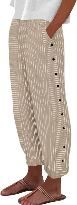 TWGONE Women's Casual Pants Striped Side Button Elastic Waist Trendy Linen Pants Comfy Baggy Trousers with Pockets