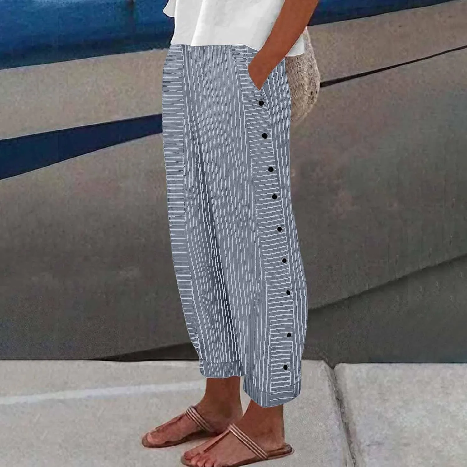 TWGONE Women's Casual Pants Striped Side Button Elastic Waist Trendy Linen Pants Comfy Baggy Trousers with Pockets