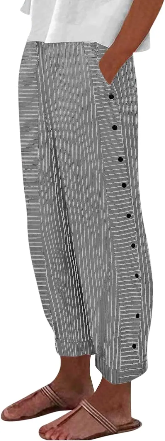 TWGONE Women's Casual Pants Striped Side Button Elastic Waist Trendy Linen Pants Comfy Baggy Trousers with Pockets