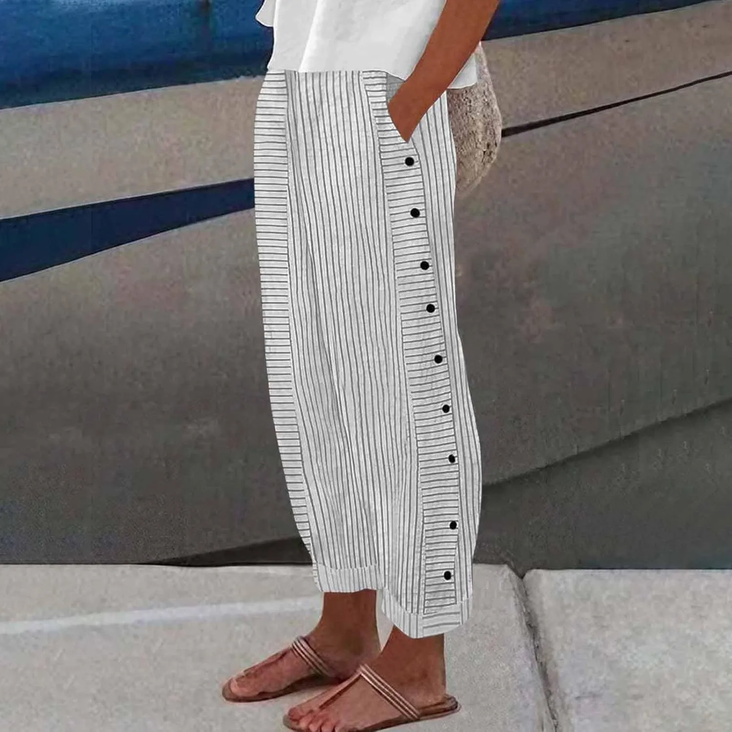 TWGONE Women's Casual Pants Striped Side Button Elastic Waist Trendy Linen Pants Comfy Baggy Trousers with Pockets