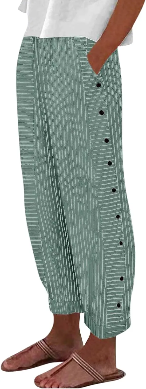 TWGONE Women's Casual Pants Striped Side Button Elastic Waist Trendy Linen Pants Comfy Baggy Trousers with Pockets