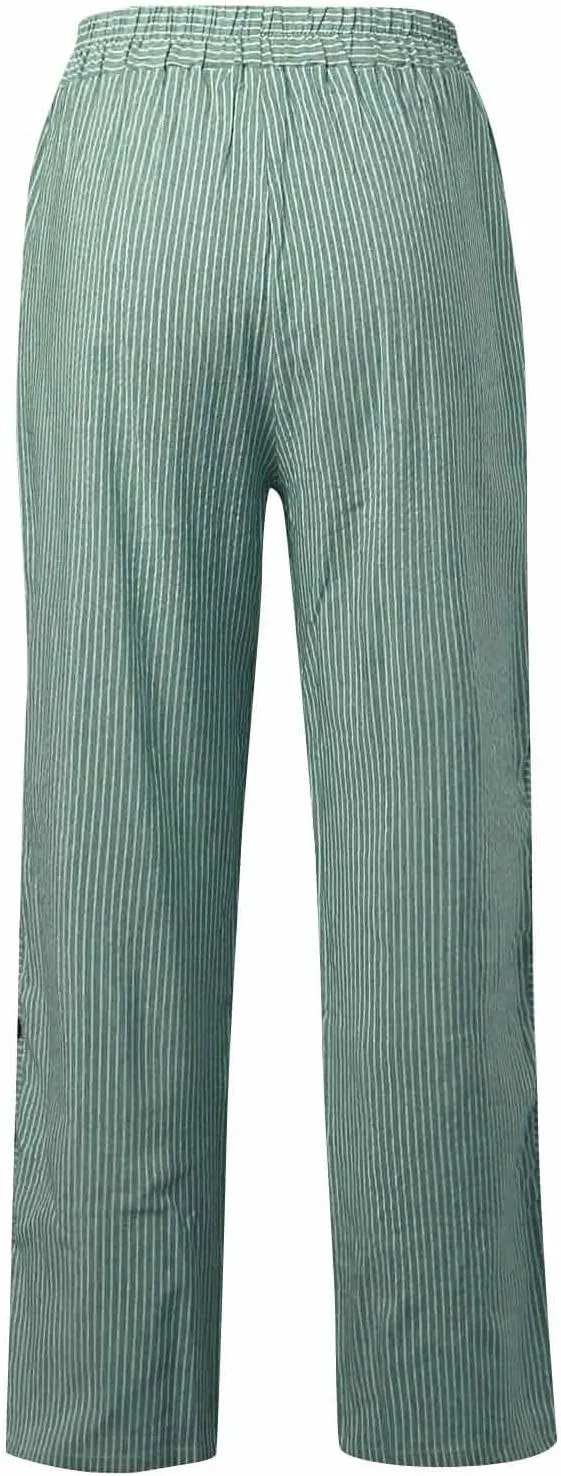 TWGONE Women's Casual Pants Striped Side Button Elastic Waist Trendy Linen Pants Comfy Baggy Trousers with Pockets