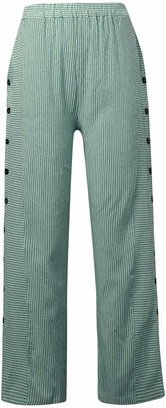 TWGONE Women's Casual Pants Striped Side Button Elastic Waist Trendy Linen Pants Comfy Baggy Trousers with Pockets